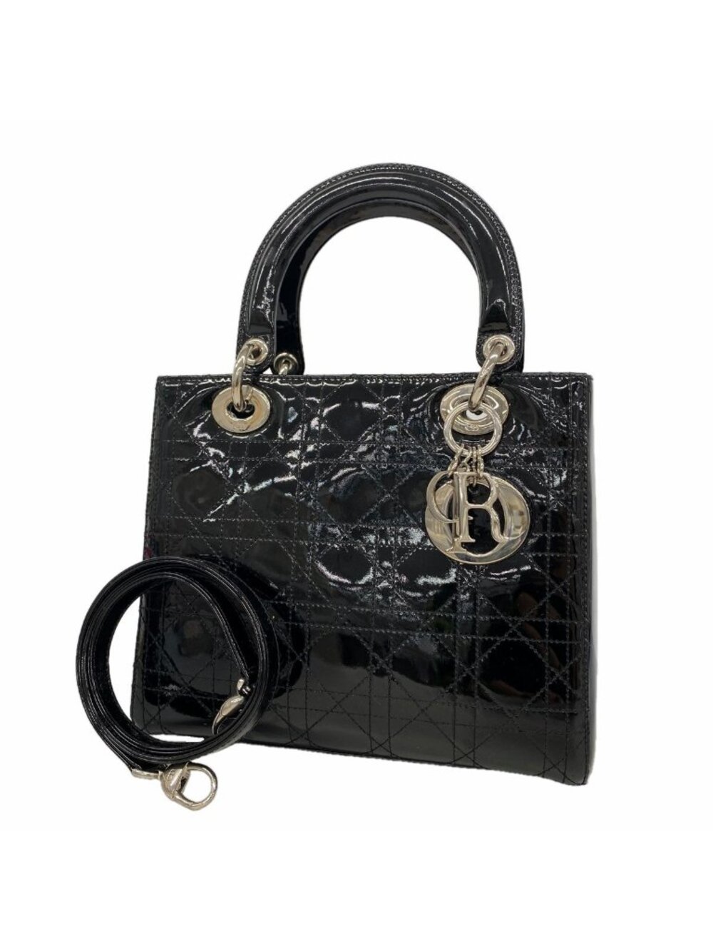 Dior Handbag Cannage Lady Patent Black Silver 2-Way Bag